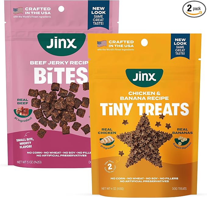 Jinx Dog Treats Bundle: Beef Bites Soft Jerky (5oz) & Chicken & Banana Training Treats (4oz)