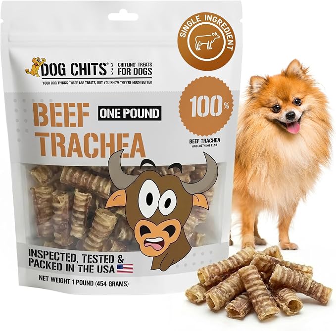 Dog Chits Beef Trachea for Dogs 1lb - 100% Single Ingredient, High Protein, Low Fat - Glucosamine for Joint Support - Dental-Clean Crunch - Digestible Rawhide-Free, Trachea Dog Treats - 3-4 inch
