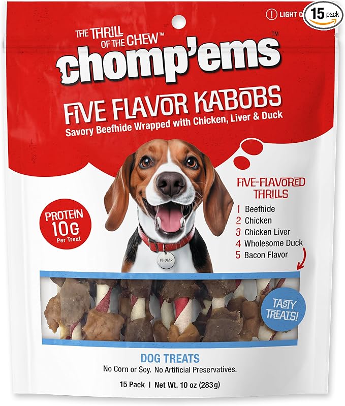 CHOMP 'EMS Five Flavor Kabobs Dog Treats - Beefhide Chewstick - High Protein Dog Chews, 15 Count