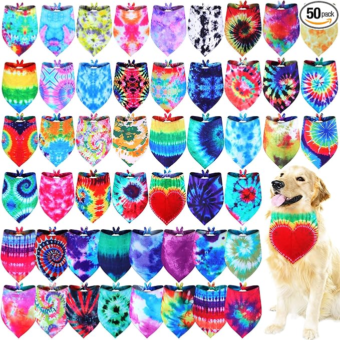 Silkfly 50 Pcs Summer Tie Dye Dog Bandanas Bulk Pet Scarf Grooming Salon Colorful Triangle Washable Male and Female Dog Bib Neckerchief for Puppy Large Pet Birthday Party Decor(Large)