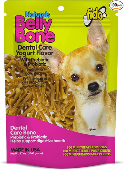 Fido Belly Bones for Dogs, Mini - 100 Count - Yogurt-Flavor Dental Treats for Small Dogs - Plaque & Tartar Control for Fresh Breath - Digestive Support - Made in USA