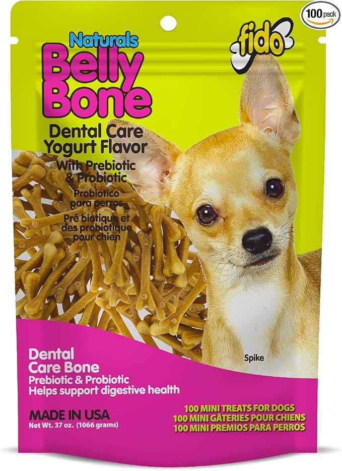 Fido Belly Bones for Dogs, Mini - 100 Count - Yogurt-Flavor Dental Treats for Small Dogs - Plaque & Tartar Control for Fresh Breath - Digestive Support - Made in USA