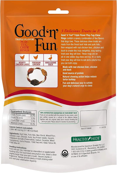 Good'n'Fun Good ’n’ Fun Triple Flavor Play-Tug-Chew Rings 4 Count, Snack for All Dogs (1 case of 12 Individual Packs)