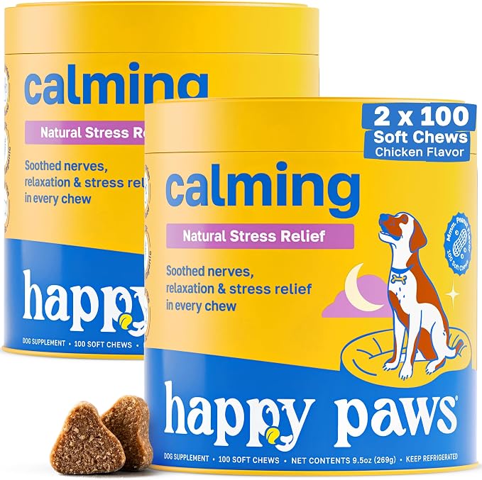 Happy Paws Calming Chews for Dogs, Relaxation & Anxiety Support for All Breeds & Ages, Dog Sleep Aid with L Theanine & Chamomile, Vegan Peanut Butter Flavor, Organic, Non GMO, 200 Soft Chews