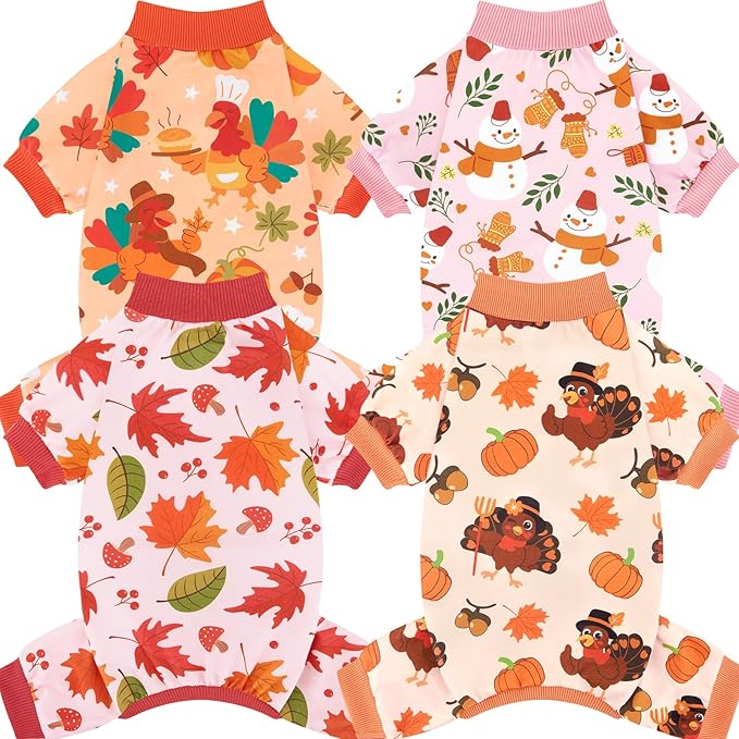 XPUDAC 4 Pack Thanksgiving Turkey Dog Pajamas Soft Strechy Puppy Onesies Funny Pet Fall Clothes for Small Medium Dogs Boy Girl Cat Doggy Costume, L