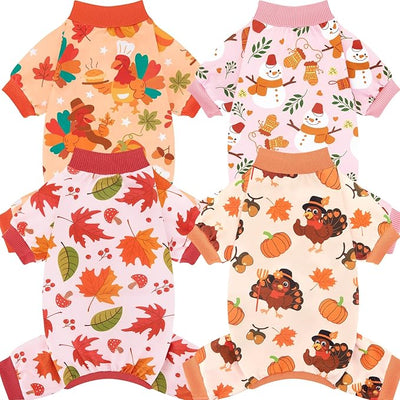 XPUDAC 4 Pack Thanksgiving Turkey Dog Pajamas Soft Strechy Puppy Onesies Funny Pet Fall Clothes for Small Medium Dogs Boy Girl Cat Doggy Costume, L
