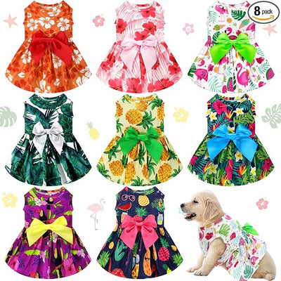 LEIFIDE 8 Pcs Summer Themed Hawaii Dog Dresses Holiday Flamingo Fruit Floral Pattern Pet Skirts Hawaii Puppy Princess Dresses Outfits Bowknot for Girl Dogs Cats Beach(Medium)