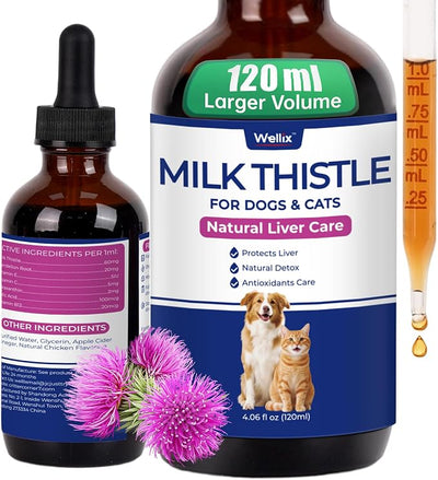Wellix 120ml Milk Thistle for Cats & Dogs, Advanced Formula with Astaxanthin for Detox and Antioxidant, Dog Liver Supplement, Chicken Flavor Milk Thistle Liquid