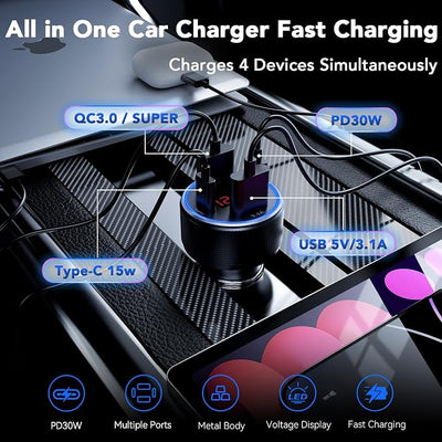iPhone 17 Car Charger USB C Fast Charge Cable, 78W 4 Port Metal Car Phone Charger Adapter with Voltmeter PD 30W & QC3.0 Cigarette Lighter USB Adapter for iPhone 17/16/15, Galaxy, iPad, Android