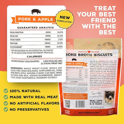 Brutus Bone Broth Biscuits for Dogs - Protein-Rich Dog Treats with Bone Broth and Real Pork & Apple - All Natural and Tasty - 8oz, Pack of 2, Pork and Apple Flavor