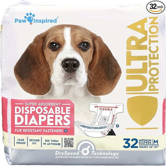 Paw Inspired 32ct Disposable Dog Diapers | Female Dog Diapers Ultra Protection | Diapers for Dogs in Heat, Excitable Urination, or Incontinence (Medium)