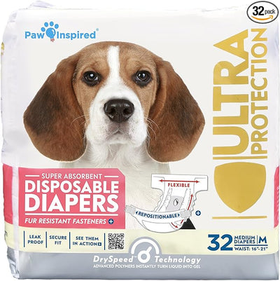 Paw Inspired 32ct Disposable Dog Diapers | Female Dog Diapers Ultra Protection | Diapers for Dogs in Heat, Excitable Urination, or Incontinence (Medium)