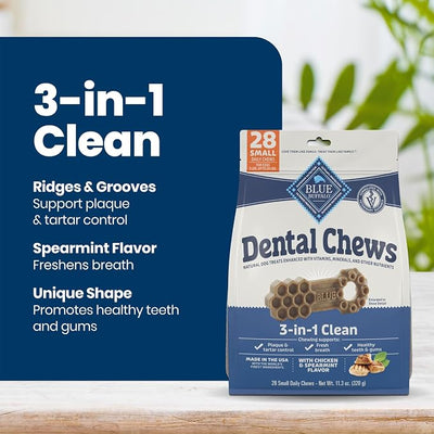 Blue Buffalo Natural Dental Chews for Small Dogs 5-20 lbs., Chicken & Spearmint, Daily Teeth Cleaning Dog Treats, Enhanced with Vitamins & Minerals, 11.3-oz. Bag (28 Treat Count)