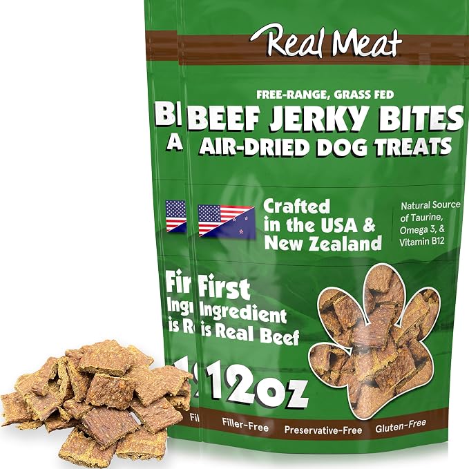 Real Meat Dog Treats - Two 12oz Bag of Bite-Sized Air-Dried Beef Jerky for Dogs - Grain-Free Jerky Treats with 95% Free-Range, Grass Fed Beef - All-Natural High Protein Treats