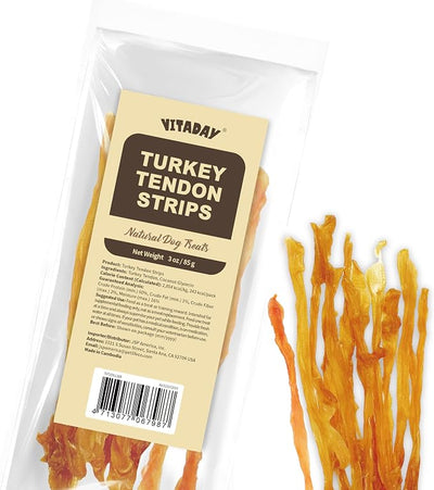 VITADAY Turkey Tendons for Dogs, All Natural, Healthy Dog Treats, Long Lasting, Hypoallergenic Dog Chews, Rawhide Free, USA-Sourced, for Small Dogs, Strips, 3 oz Pack | Long-lasting dog training treats, rawhide-free, made of USA-sourced turkey tendons