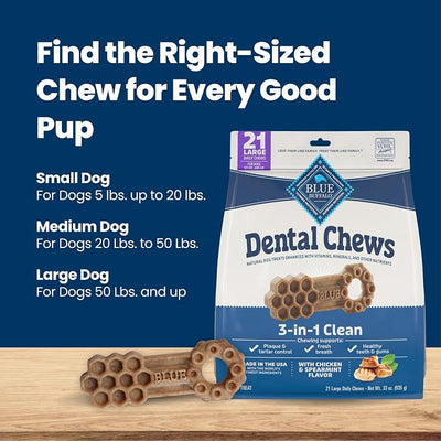 Blue Buffalo Natural Dental Chews for Large Dogs 50 lbs. and up, Chicken & Spearmint, Daily Teeth Cleaning Dog Treats, Enhanced with Vitamins & Minerals, 33-oz. Bag (21 Treat Count)