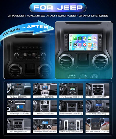 7" Car Stereo Radio for Jeep Wrangler 2007-2015 4G+64G | Wireless CarPlay Android Auto, GPS, 5GHz WiFi, FM/RDS, SWC, Backup Camera for Grand Cherokee 2005-2011 Dodge Ram 1500 2500
