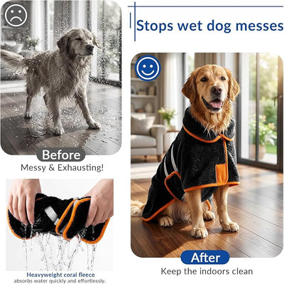 Bienbee Dog Bathrobe, Quick Drying Super Absorbent Pet Robes for Small Medium Large Dogs, Drying Coat for After Bath & Swim, Warm & Cozy Dogs Towels, Dog Puppy Bath Supplies, Black XXL