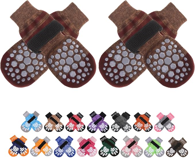 PUPTECK Anti-Slip Dog Socks with Double Sides for Small Medium Large Dogs Hardwood Floors Prevents Licking, Dog Shoes for Hot Pavement Traction Control Paw Protector for Senior Dogs, Striped Brown L
