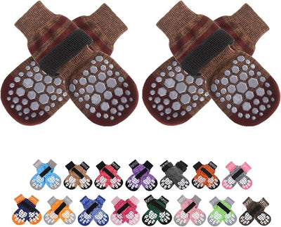 PUPTECK Anti-Slip Dog Socks with Double Sides for Small Medium Large Dogs Hardwood Floors Prevents Licking, Dog Shoes for Hot Pavement Traction Control Paw Protector for Senior Dogs, Striped Brown L