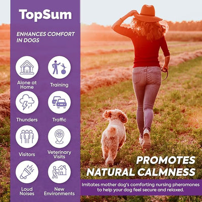 TopSum Calming Diffuser for Dog: Dog Pheromones Calming Diffuser Plug for Stress, Barking, Chewing, Pee Accidents & Separation Behaviors (Purple– 6 Refills)