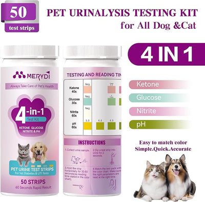 Dog & Cat Urine Test Strips, 4-in-1 Pet Urinalysis Testing Kit for Ketone, Glucose, pH and Nitrite, Reagent Strips for Vet Diabetes,UTI Monitor, 50ct Urine Test Kit Easy to Use at Home