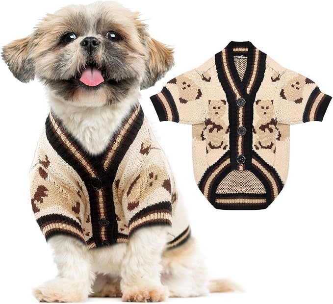 ABRRLO Small Dog Sweaters Cute Bear Dog Cardigans Clothes for Small Medium Dogs Boy Girl Puppy Cat Knitting Cardigan Outfits Dogs Autumn Coats Warm Pet Doggy Clothes Soft Knitwear Apparel (Beige,M)