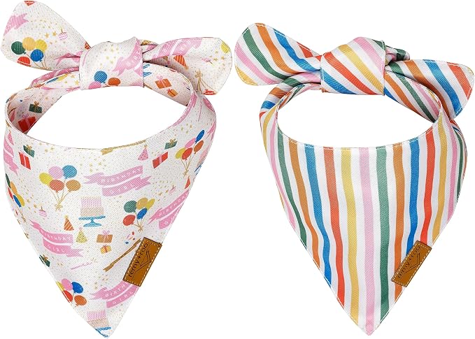 Remy+Roo Polyester Dog Bandanas, X-Large, Pink Rainbow Stripe, 2 Pack, Birthday Theme, Adjustable, for Female Dogs
