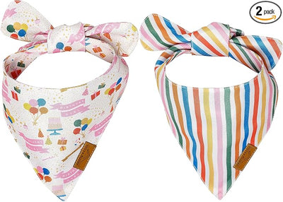 Remy+Roo Dog Bandanas - 2 Pack | Evergreen Christmas Dog Bandanas Set | Premium Durable Fabric | Patented Shape Bandanas for Dogs (Birthday Party, Rainbow Stripe, Small)