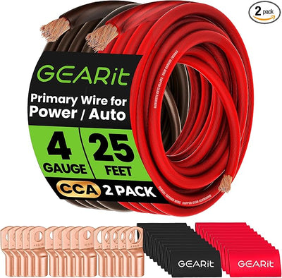 GEARit 4 Gauge Wire Kit CCA 3-in-1, 4 AWG Power Ground Battery Cable 25 ft Black/Red, with Lugs & Heat Shrink