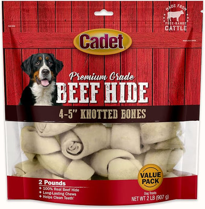 Cadet Premium Grade Beef Hide Dog Chews, 4 "- 5" Long-Lasting Knotted Rawhide Bones, Single-Ingredient, Natural Flavor, 2 Pound