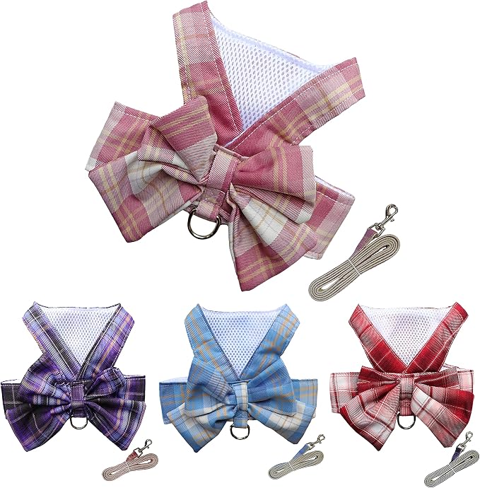 Plaid Dog Dress Bow Tie Harness Leash Set,Dog Clothes Harness Dress with Leash Ring for Small Dogs Girl, Puppy Princess Rabbit Clothes Chihuahua Yorkies Pet Outfits (Pink, X-Small)