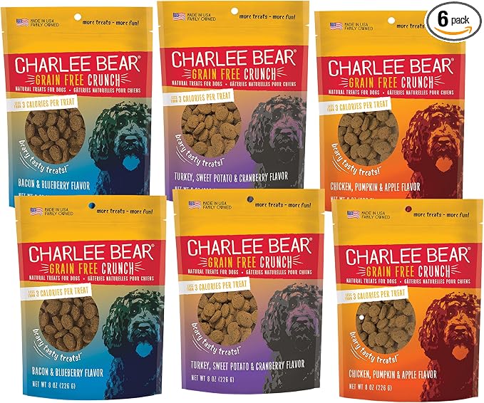 Charlee Bear Crunchy Dog Training Treats, Low Calorie (3 Kcal), Grain Free Natural Mini Dog Treats for Puppies, Small, Medium & Large Dogs, USA Made, Healthy 3 Flavor Variety Pack 8oz (6-Pack)