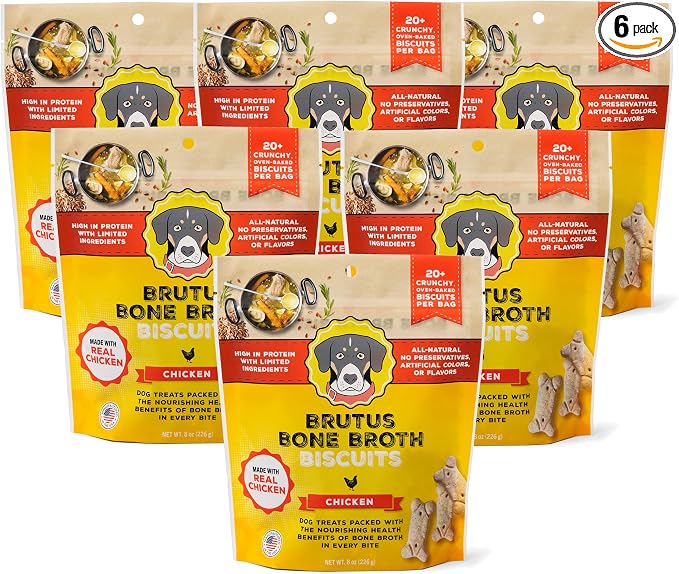 Brutus Bone Broth Biscuits for Dogs - Protein-Rich Dog Treats with Bone Broth and Real Chicken Meat - All Natural and Tasty - 8oz, Pack of 6, Chicken Flavor