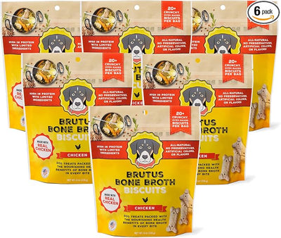 Brutus Bone Broth Biscuits for Dogs - Protein-Rich Dog Treats with Bone Broth and Real Chicken Meat - All Natural and Tasty - 8oz, Pack of 6, Chicken Flavor
