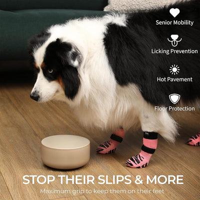 DOK TigerToes Premium Non-Slip Dog Socks for Hardwood Floors - Extra-Thick Grip that Works Even When Twisted - Prevents Licking, Slipping, and Great for Dog Paw Protection (Sassy Pink, Medium)