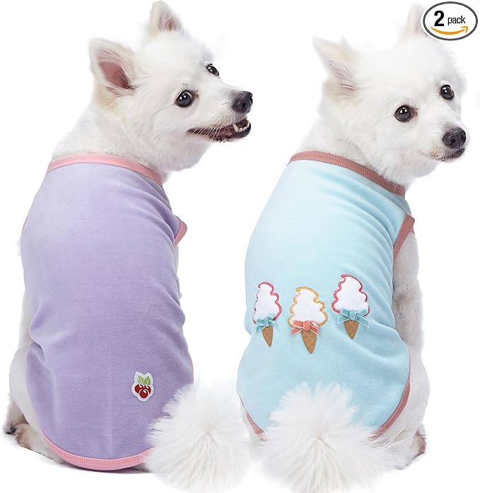 Blueberry Pet Pack of 2 Soft & Comfy Perfect Wardrobe Essential Everyday Cotton Blend Dog Pajamas & Tank Top T Shirts, Back Length 16", Clothes for Dogs