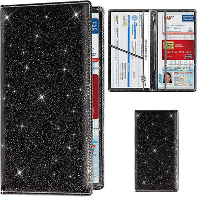 TOURSUIT Car Registration and Insurance Card Holder, Vehicle License Document Glove Box Compartment Organizer, Interior Car Accessories for Women Men (Glitter Black)