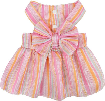 Pet Dog Harness Dress, Cute Striped Pattern with Bow, Princess Puppy Dresses with Button Closure, Summer Dog Clothes for Small Dogs Girl (Pink, Large)
