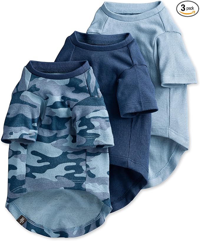 Pet Passion Toby II - The Perfect Tee, 3 Pack Short Sleeve Pet T-Shirt 100% Organic Cotton Tees Clothes for Small, Medium, Large Dogs, Navy Camo, X-Small (5-12 lbs)