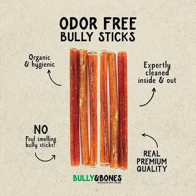 Bully & Bones 12 Inch Odor Free Straight Bully Sticks (12 Pack) for Dogs That Like to Chew. Healthy Single-Ingredient Beef chew Treats Crafted to Stimulate Your Dog’s Taste Buds. 12" Bully Sticks.