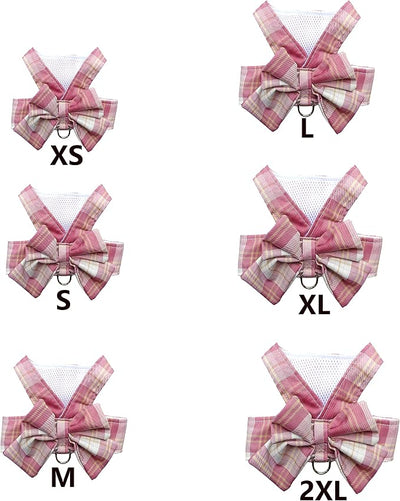 Plaid Dog Dress Bow Tie Harness Leash Set,Dog Clothes Harness Dress with Leash Ring for Small Dogs Girl, Puppy Princess Rabbit Clothes Chihuahua Yorkies Pet Outfits (Pink, Medium)