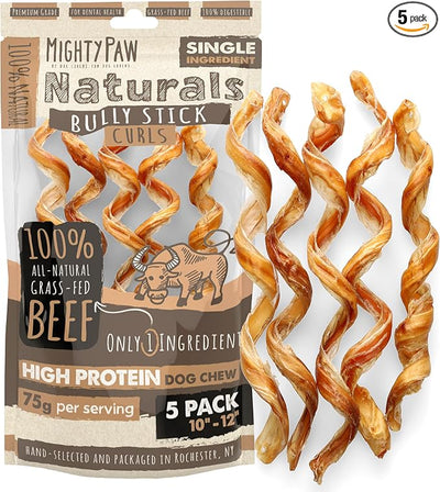 Mighty Paw Naturals Curly Bully Sticks for Dogs - Grass Fed Beef Dog Chews. Bully Sticks for Large Pets, Medium, Small Breeds. Lower Odor Treats for Small Pets. Single Ingredient 12”, 5 Pack