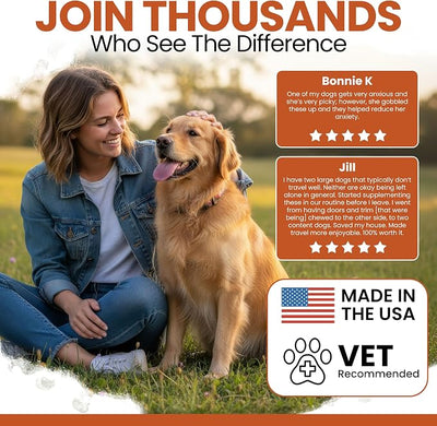 Calming Chews for Dogs - 120 Anxiety Relief Treats for Fireworks, Thunder, and Storms - Peanut Butter Flavor - Natural Dog Calming Treats with Thiamine, L-Tryptophan, Ginger, and Melatonin
