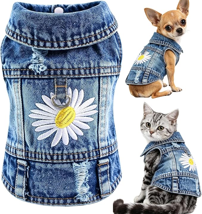 Denim Vest Jacket for Small Medium Dog Clothes Jean Apparel Cute Outfit for Dog Cat Girls Boys Puppy Costume Dog Harness Dress Shirt Chihuahua Yorkie(One Daisy with D Ring, Small)