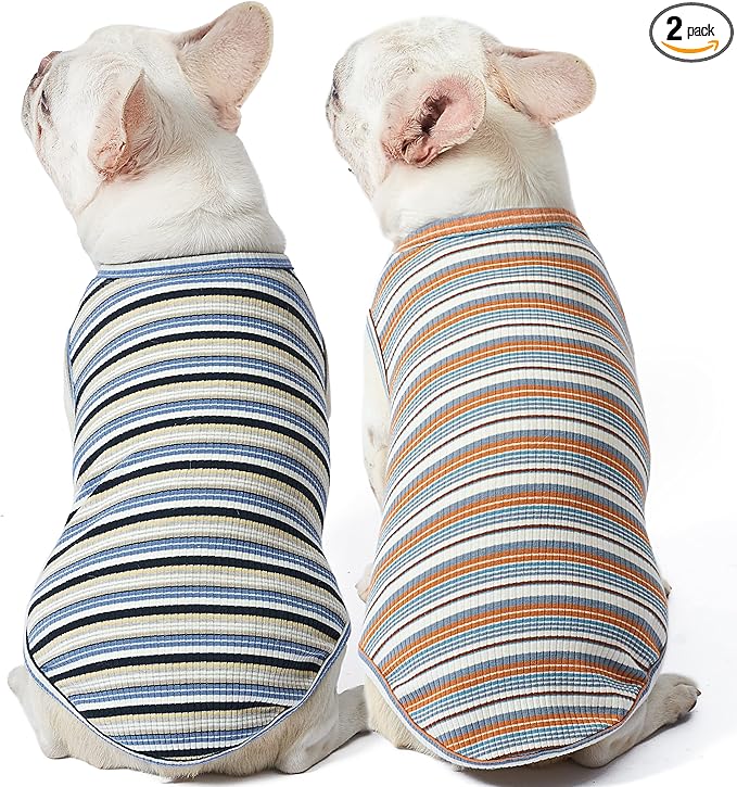 Dog Shirts Vest Cotton Striped T-Shirt, Sleeveless Stretchy Pet Clothes for Small Dogs, 2-Pack Soft Breathable Puppy Tank Top Cat Tee (X-Small, Blue,Yellow)