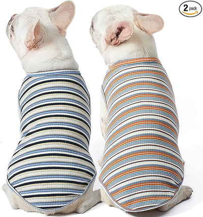 Dog Shirts Vest Cotton Striped T-Shirt, Sleeveless Stretchy Pet Clothes for Small Dogs, 2-Pack Soft Breathable Puppy Tank Top Cat Tee (X-Small, Blue,Yellow)
