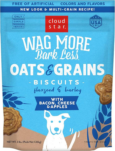 Cloud Star Wag More Bark Less - Dog Treats - Crunchy Biscuits - Oats & Grains Bacon, Cheese & Apples - 3 lb Pouch