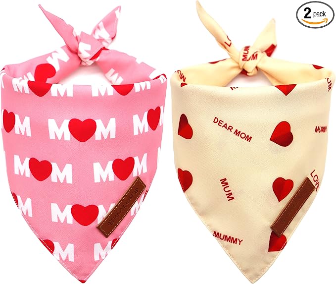 Realeaf Mothers Day Dog Bandanas 2 Pack, Reversible I Love My Mom Pet Scarf for Boy and Girl, Premium Durable Fabric, Valentines Day Bandana for Small Medium Large and Extra Large Dogs (Small)