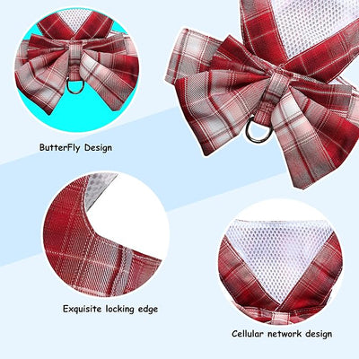 Plaid Dog Dress Bow Tie Harness Leash Set,Dog Clothes Harness Dress with Leash Ring for Small Dogs Girl, Puppy Princess Rabbit Clothes Chihuahua Yorkies Pet Outfits (Red, Medium)